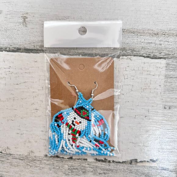 Beaded Snowman Earrings Holiday Christmas Fringe Seed Bead Dangle Fishhook - Picture 8 of 8